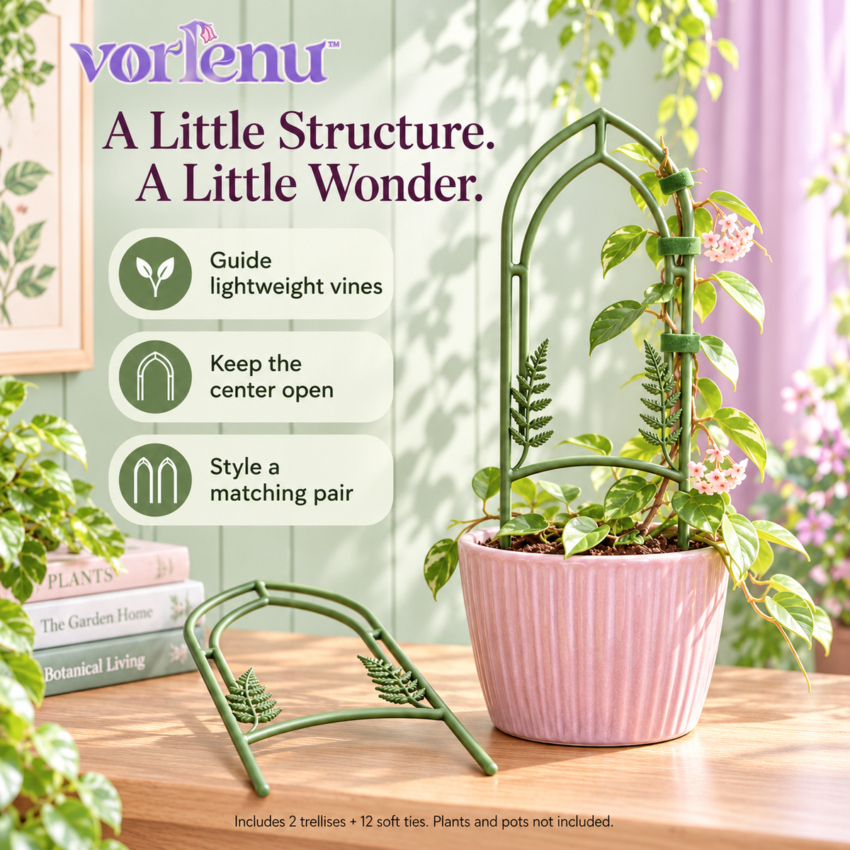 vorlenu™ Fernlight Window Plant Trellis, 2-Pack Decorative Metal Supports for Potted Hoya, Pothos & Small Climbing Houseplants