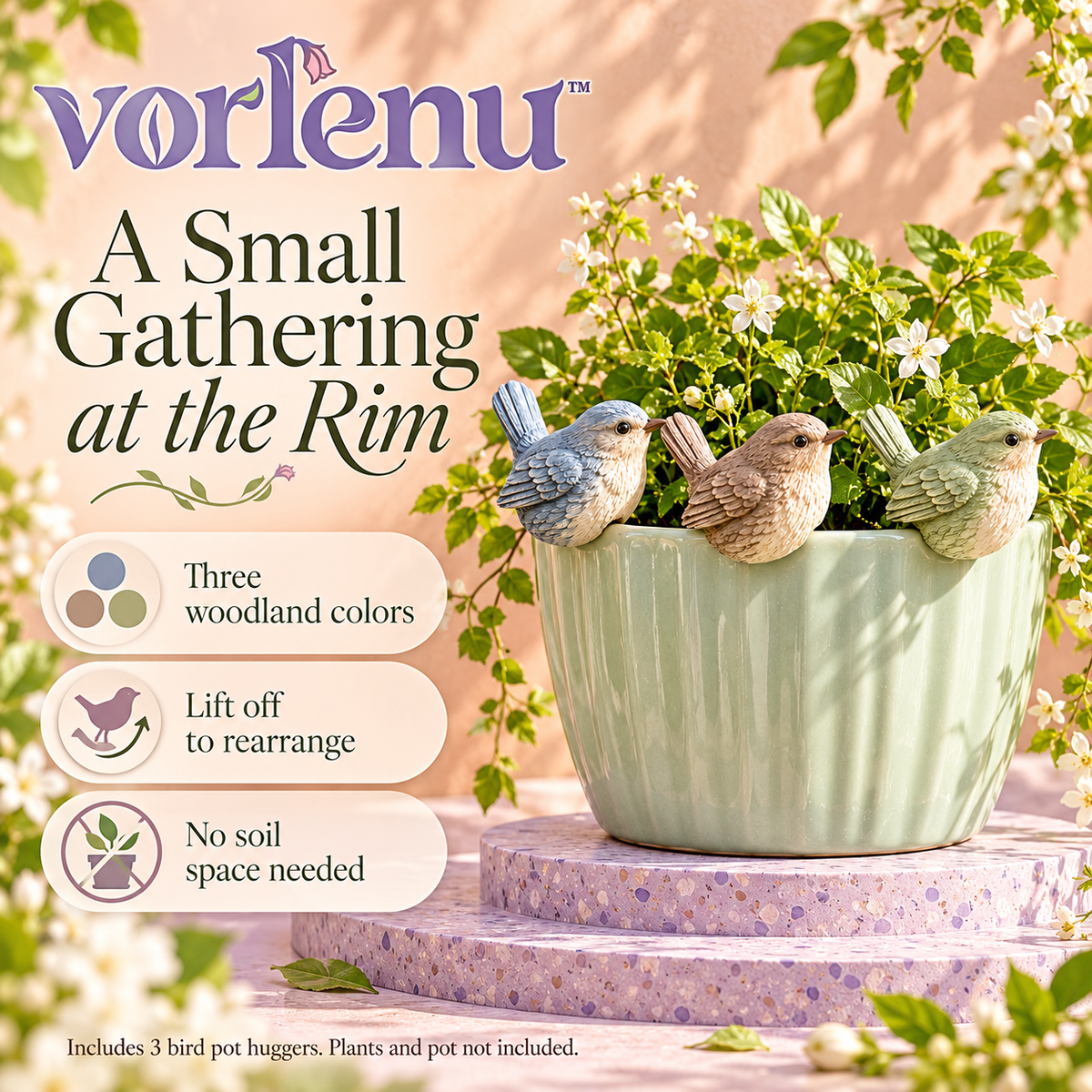 vorlenu™ Little Wren Pot Huggers, 3-Piece Resin Bird Planter Rim Decor Set for Indoor Houseplants