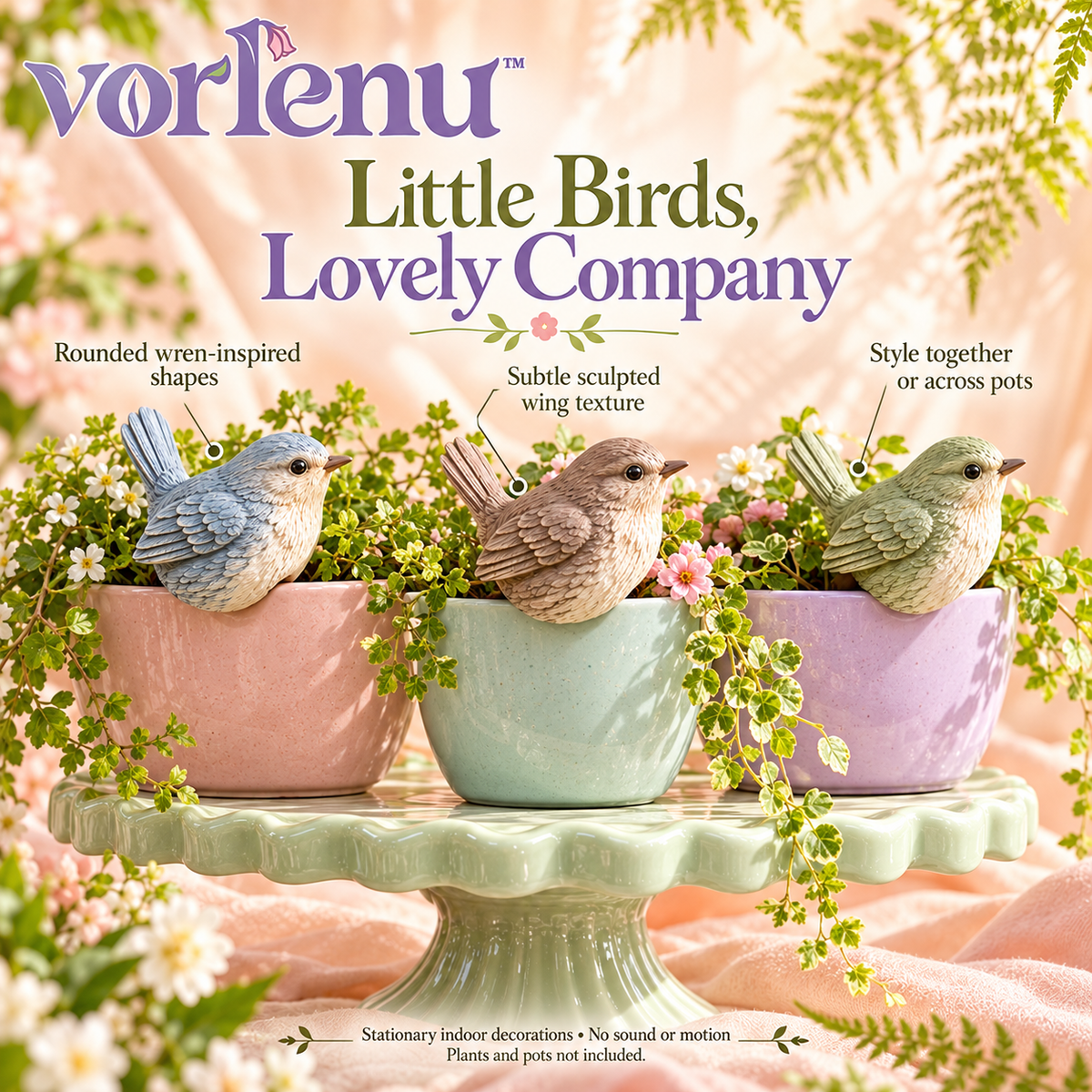 vorlenu™ Little Wren Pot Huggers, 3-Piece Resin Bird Planter Rim Decor Set for Indoor Houseplants