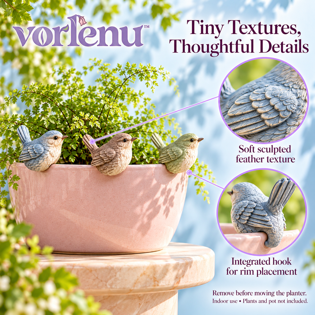 vorlenu™ Little Wren Pot Huggers, 3-Piece Resin Bird Planter Rim Decor Set for Indoor Houseplants