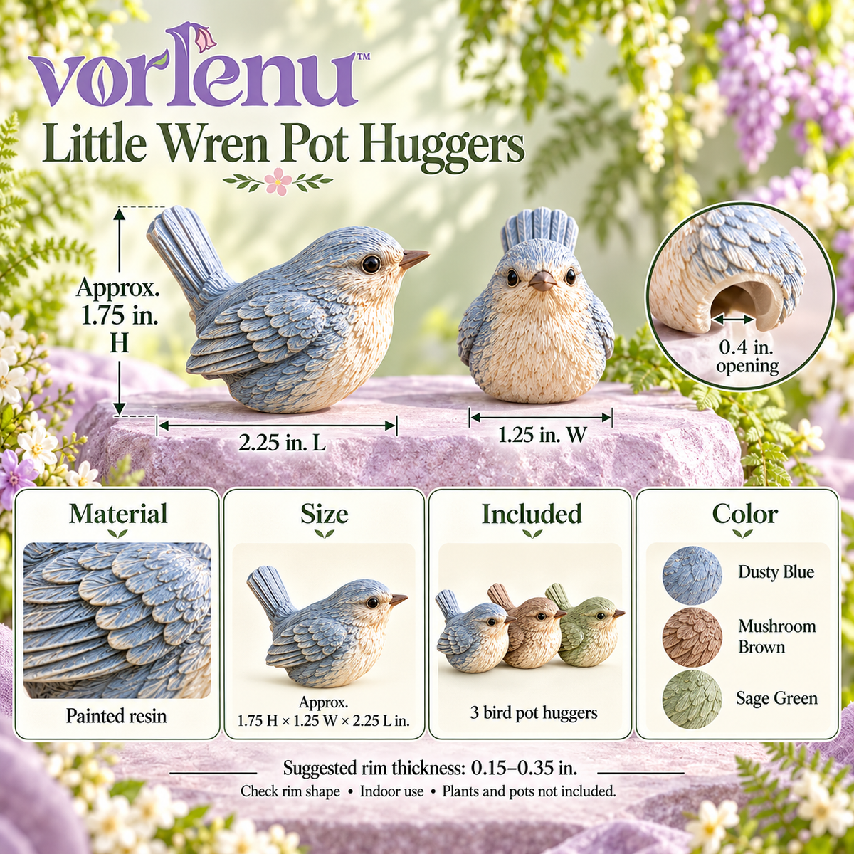 vorlenu™ Little Wren Pot Huggers, 3-Piece Resin Bird Planter Rim Decor Set for Indoor Houseplants