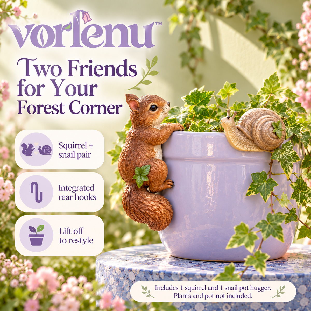 vorlenu™ Forest Friends Planter Huggers, Squirrel & Snail Resin Pot Rim Decorations for Indoor Plant Displays