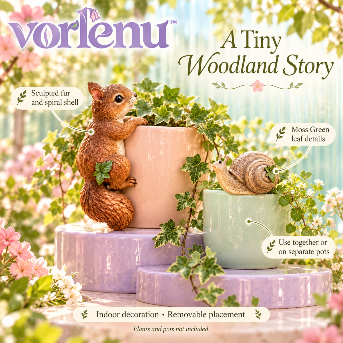 vorlenu™ Forest Friends Planter Huggers, Squirrel & Snail Resin Pot Rim Decorations for Indoor Plant Displays