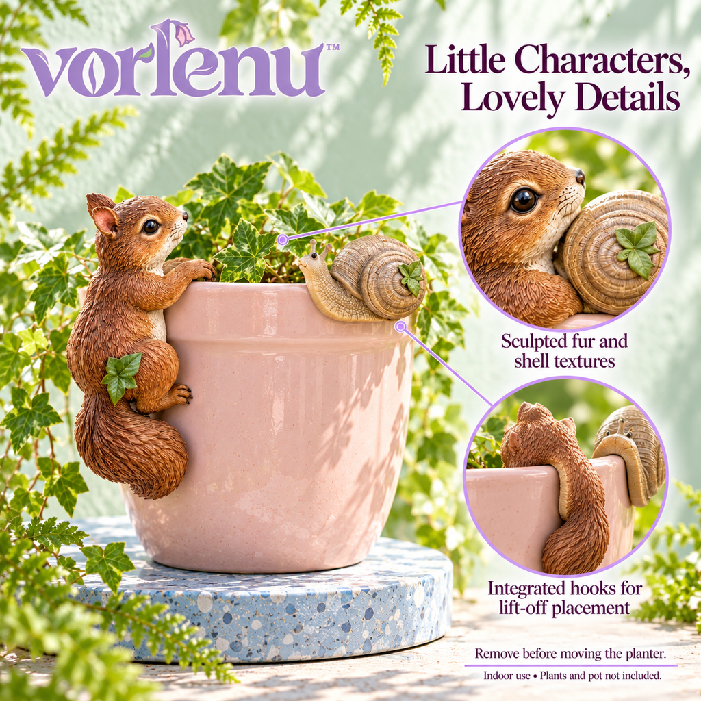vorlenu™ Forest Friends Planter Huggers, Squirrel & Snail Resin Pot Rim Decorations for Indoor Plant Displays