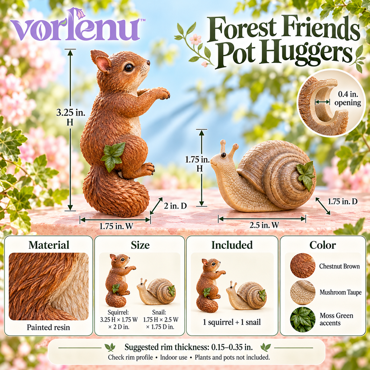 vorlenu™ Forest Friends Planter Huggers, Squirrel & Snail Resin Pot Rim Decorations for Indoor Plant Displays