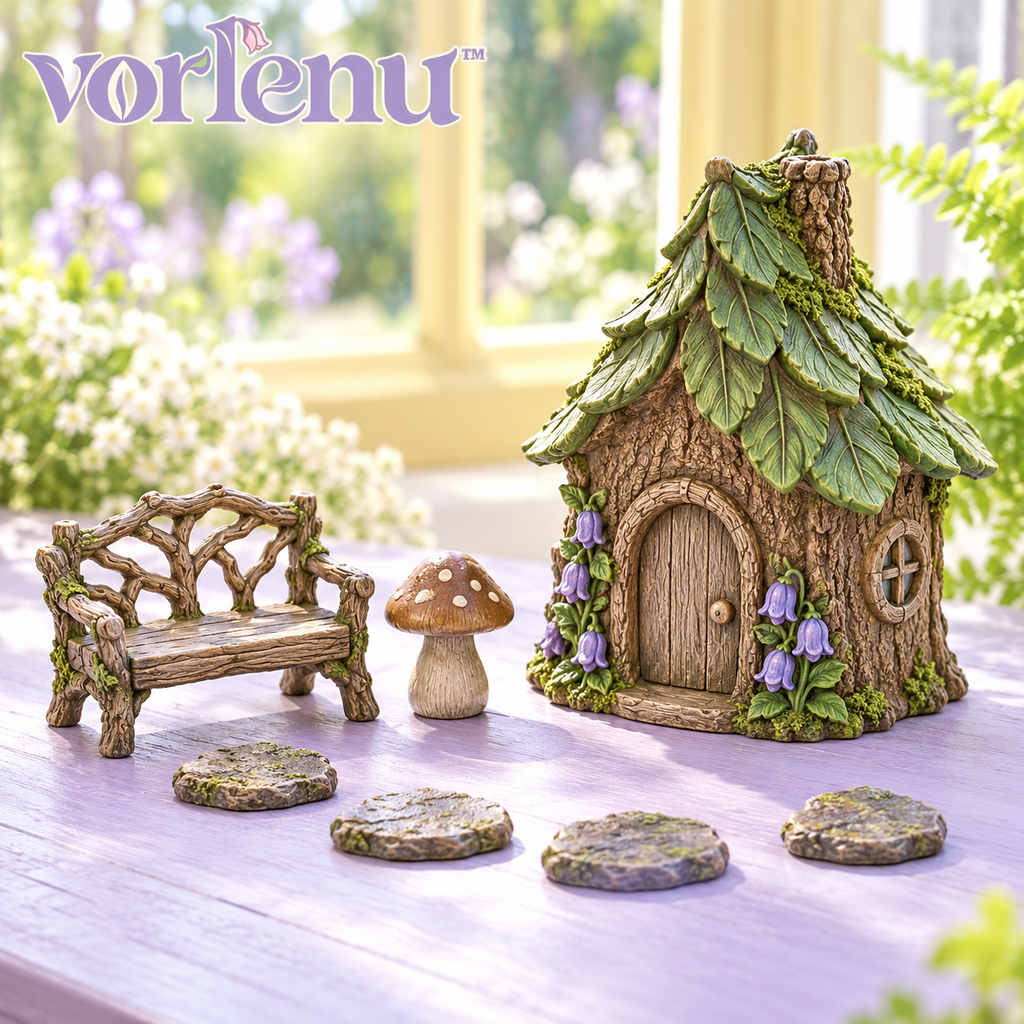 vorlenu™ Storybook Cottage Miniature Fairy Garden Set, 7-Piece Resin House & Path Accessories for Indoor Planter Displays