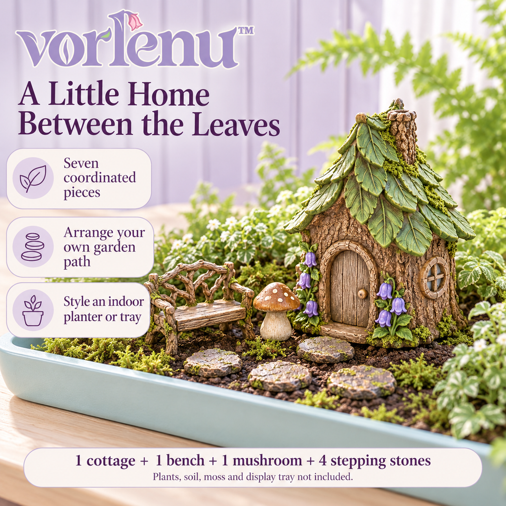 vorlenu™ Storybook Cottage Miniature Fairy Garden Set, 7-Piece Resin House & Path Accessories for Indoor Planter Displays