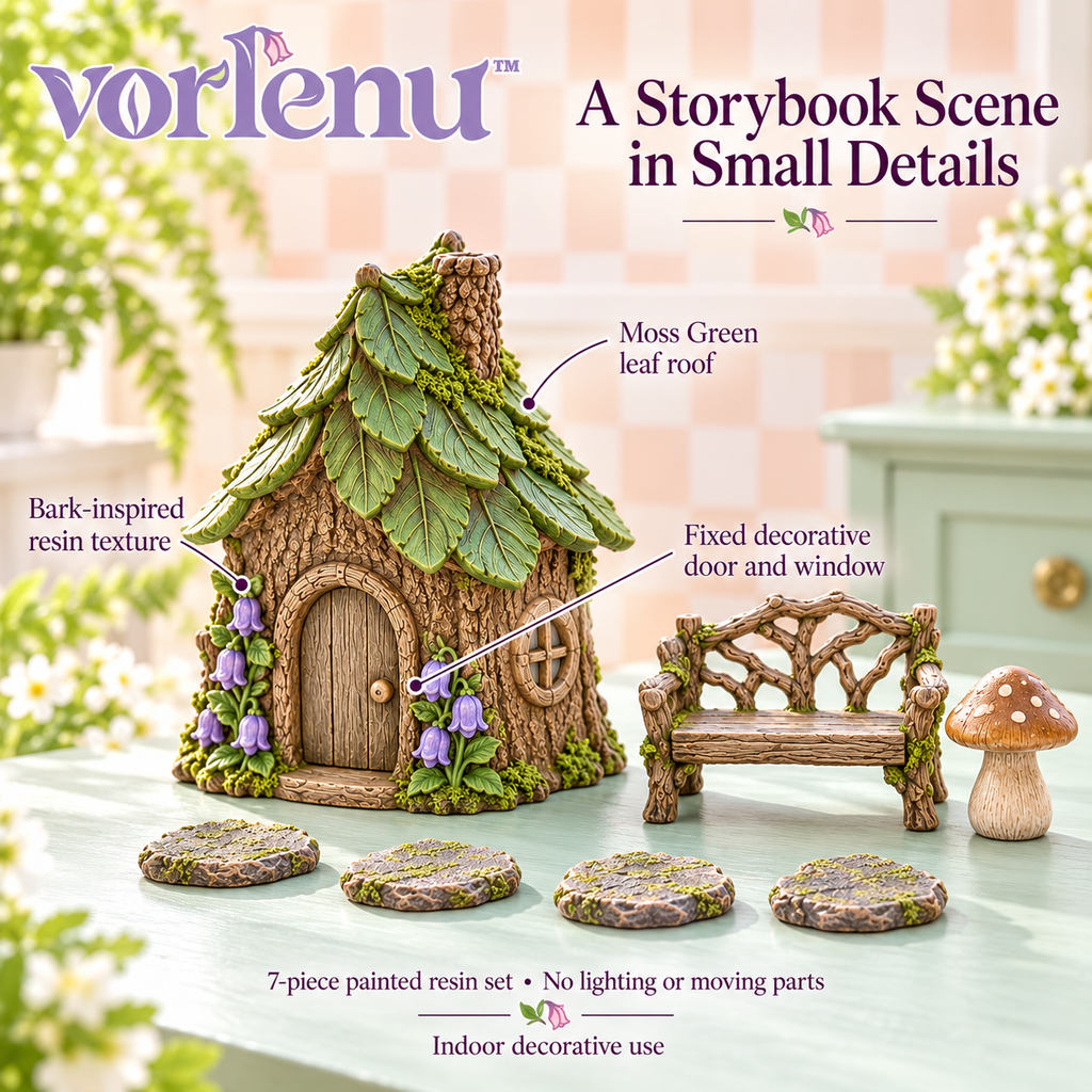 vorlenu™ Storybook Cottage Miniature Fairy Garden Set, 7-Piece Resin House & Path Accessories for Indoor Planter Displays