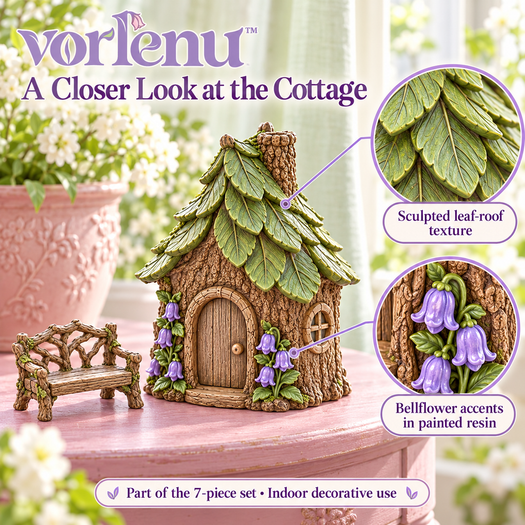 vorlenu™ Storybook Cottage Miniature Fairy Garden Set, 7-Piece Resin House & Path Accessories for Indoor Planter Displays