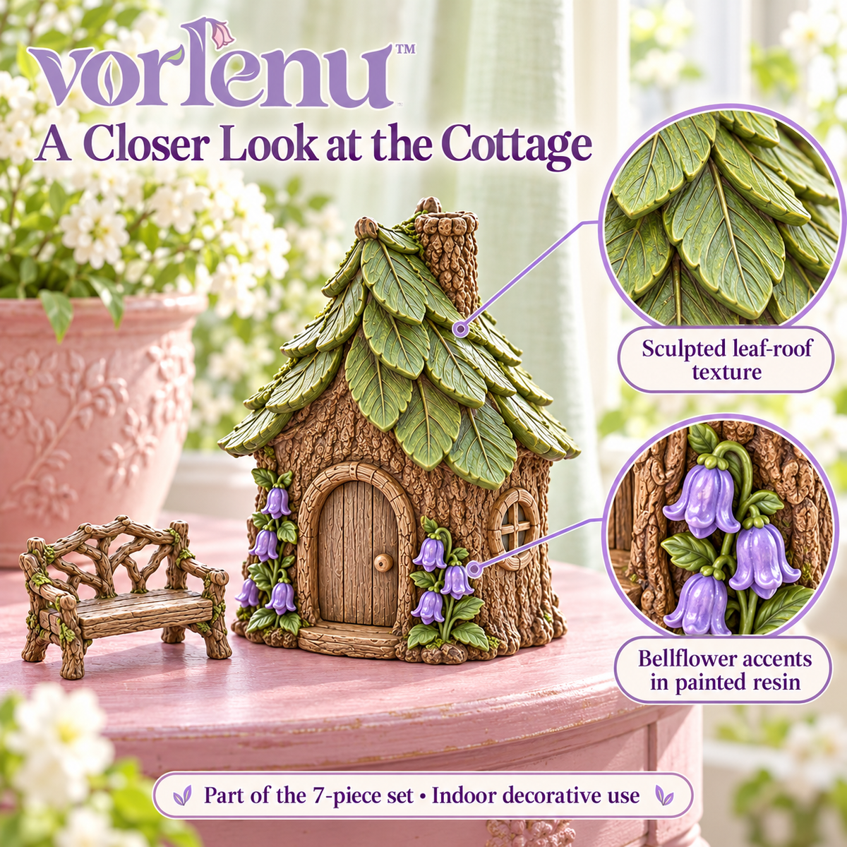 vorlenu™ Storybook Cottage Miniature Fairy Garden Set, 7-Piece Resin House & Path Accessories for Indoor Planter Displays