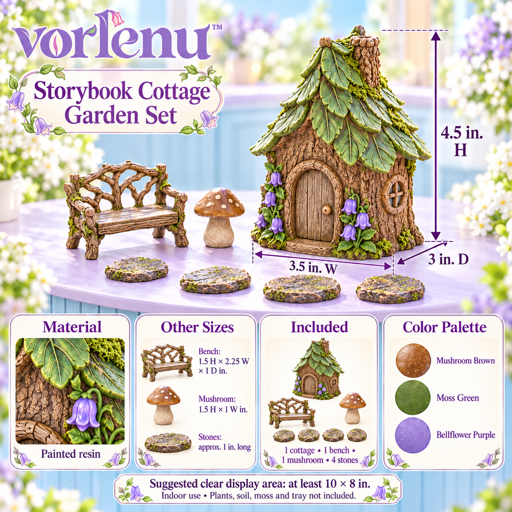 vorlenu™ Storybook Cottage Miniature Fairy Garden Set, 7-Piece Resin House & Path Accessories for Indoor Planter Displays