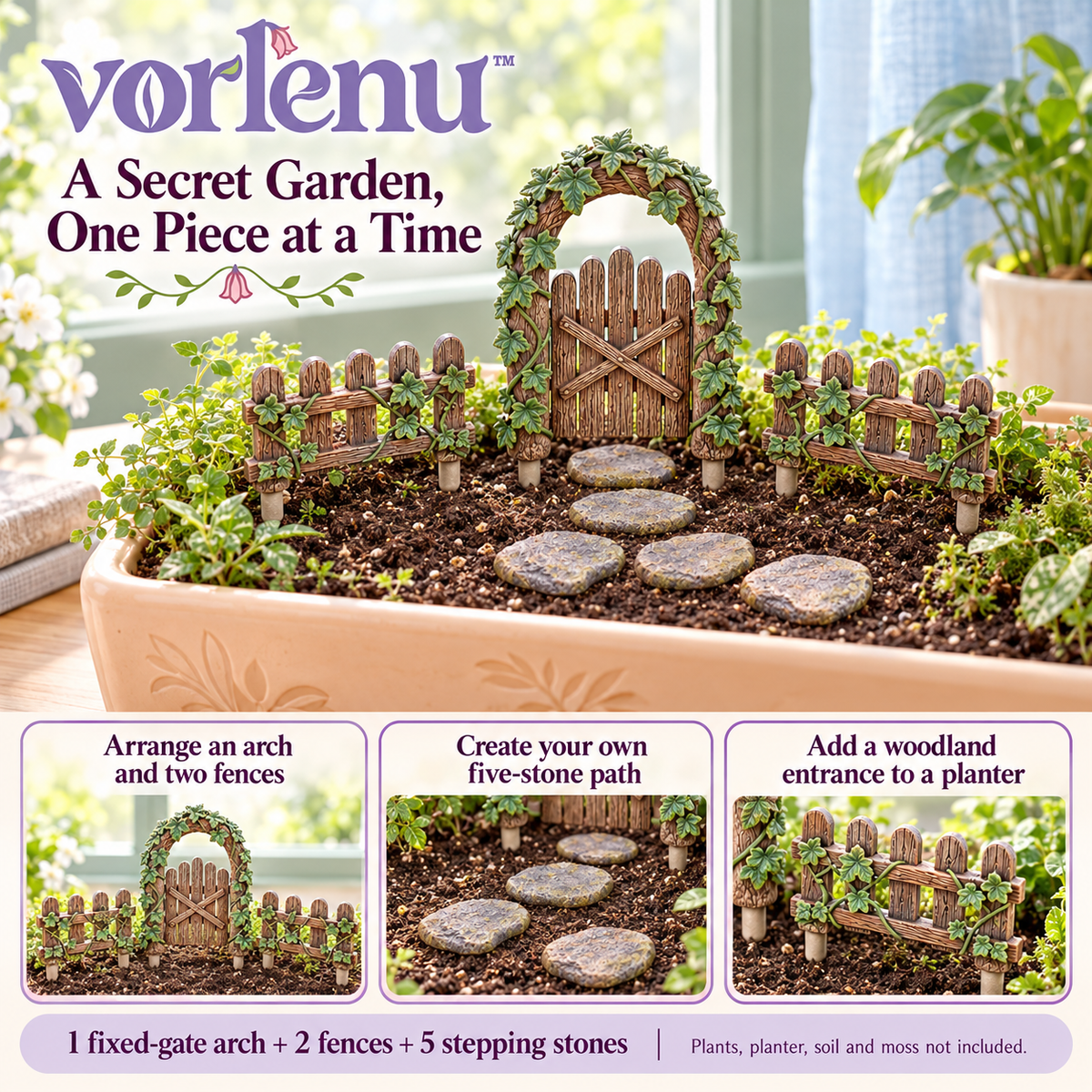 vorlenu™ Hidden Gate Fairy Garden Accessories Set, 8-Piece Miniature Arch, Fence & Stepping Stone Decor for Indoor Planters