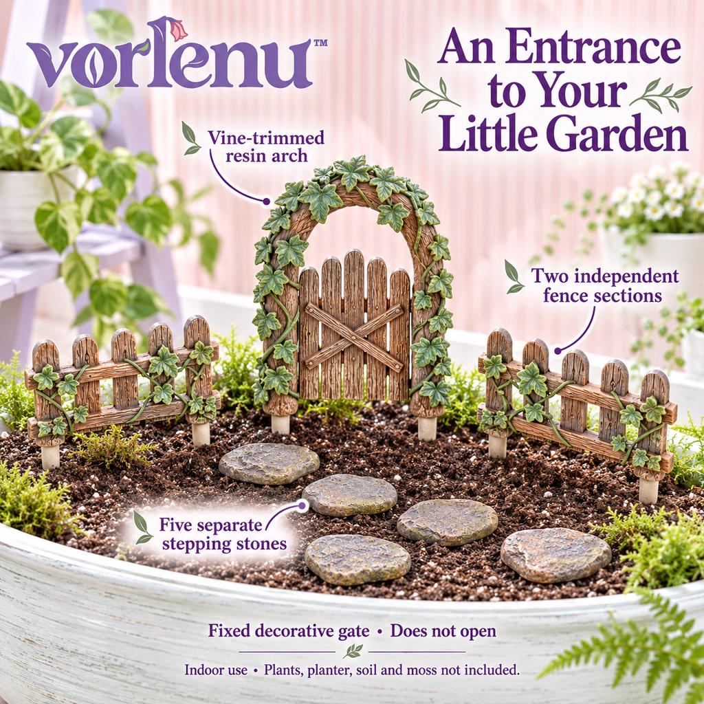 vorlenu™ Hidden Gate Fairy Garden Accessories Set, 8-Piece Miniature Arch, Fence & Stepping Stone Decor for Indoor Planters