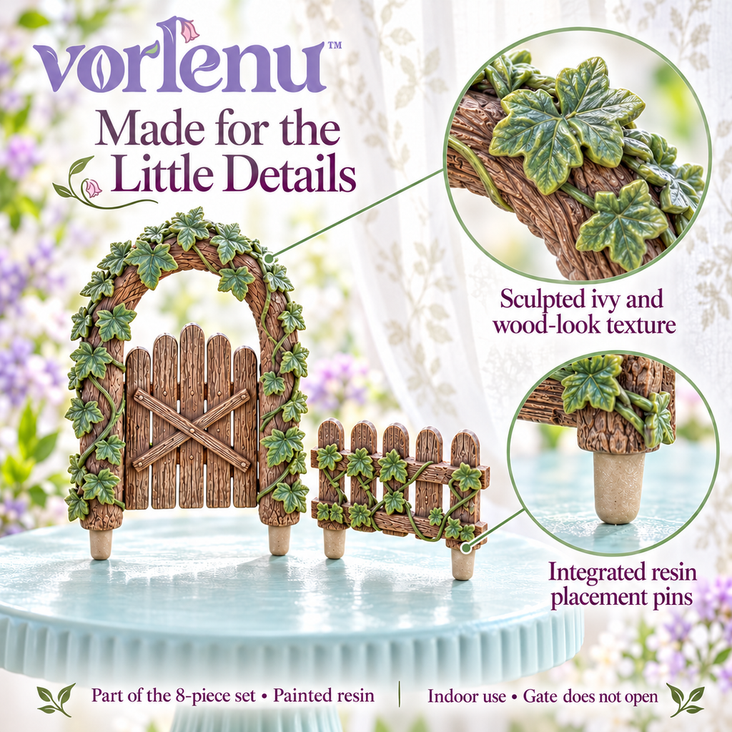 vorlenu™ Hidden Gate Fairy Garden Accessories Set, 8-Piece Miniature Arch, Fence & Stepping Stone Decor for Indoor Planters
