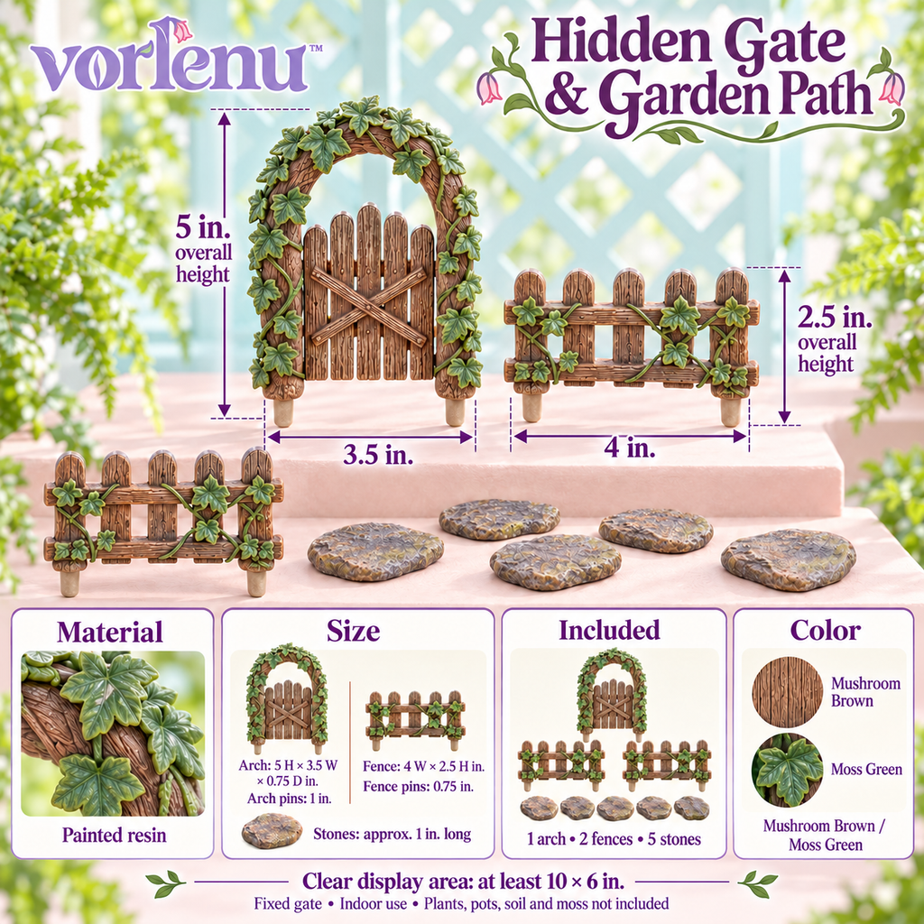 vorlenu™ Hidden Gate Fairy Garden Accessories Set, 8-Piece Miniature Arch, Fence & Stepping Stone Decor for Indoor Planters