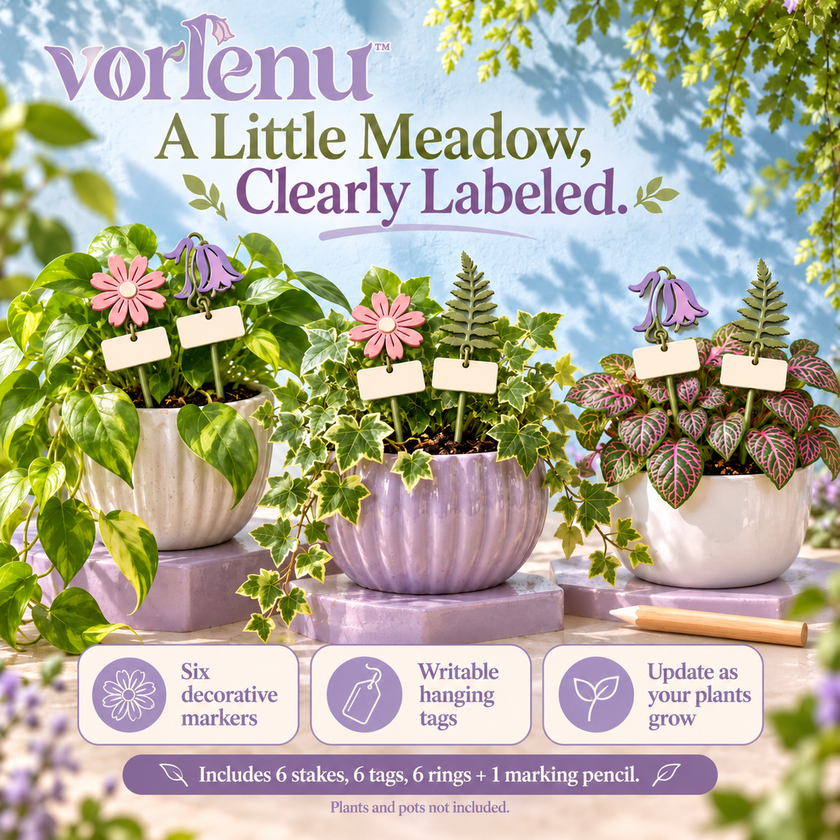 vorlenu™ Wildflower Meadow Plant Markers, 6-Pack Decorative Metal Plant Labels with Writable Tags for Indoor Pots