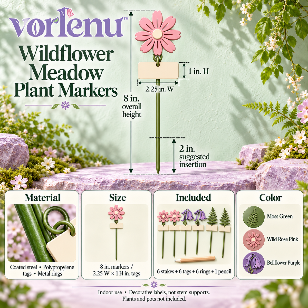 vorlenu™ Wildflower Meadow Plant Markers, 6-Pack Decorative Metal Plant Labels with Writable Tags for Indoor Pots