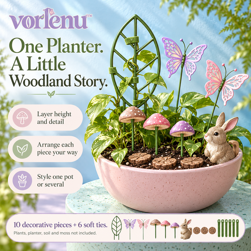 vorlenu™ Enchanted Planter Decor Set, 10-Piece Woodland Plant Accessory Kit with Mini Trellis, Mushroom Picks & Fairy Garden Accents