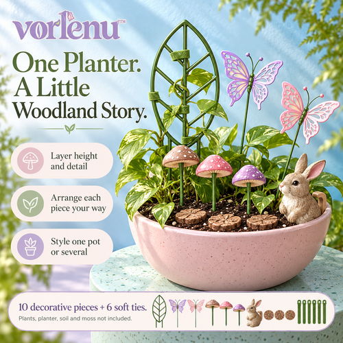 vorlenu™ Enchanted Planter Decor Set, 10-Piece Woodland Plant Accessory Kit with Mini Trellis, Mushroom Picks & Fairy Garden Accents