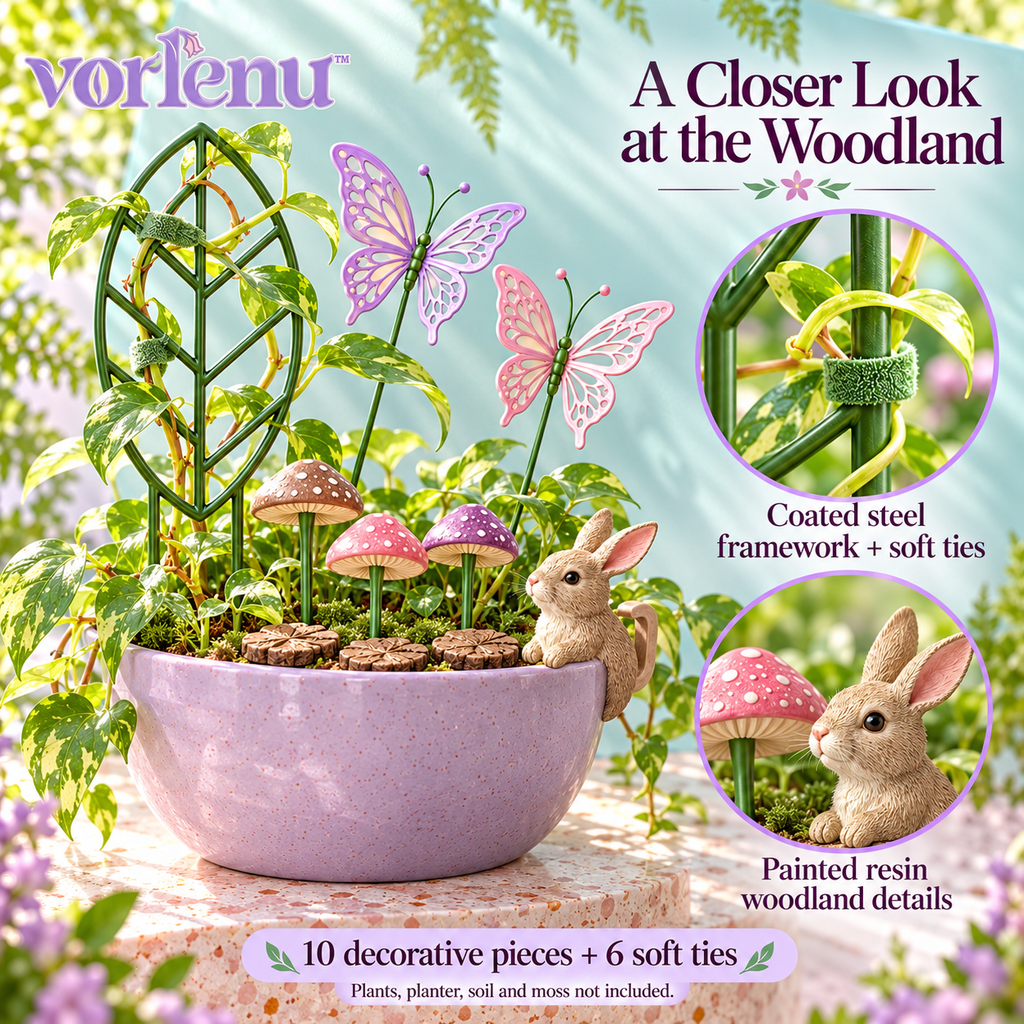 vorlenu™ Enchanted Planter Decor Set, 10-Piece Woodland Plant Accessory Kit with Mini Trellis, Mushroom Picks & Fairy Garden Accents