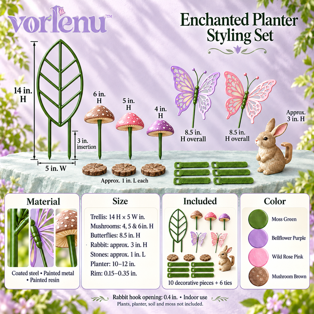 vorlenu™ Enchanted Planter Decor Set, 10-Piece Woodland Plant Accessory Kit with Mini Trellis, Mushroom Picks & Fairy Garden Accents
