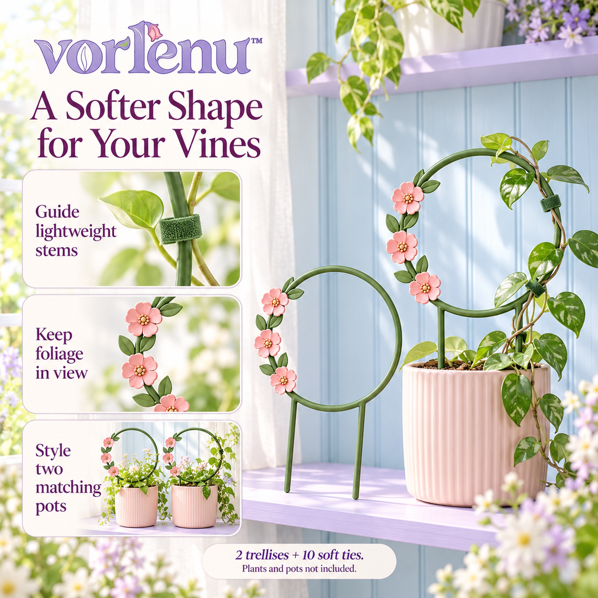 vorlenu™ Wildflower Halo Plant Trellis, 2-Pack Round Metal Vine Supports with Floral Accents for Indoor Potted Plants
