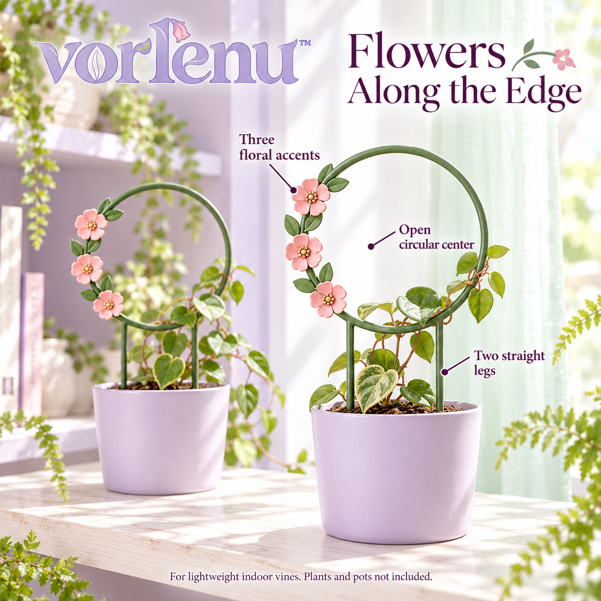 vorlenu™ Wildflower Halo Plant Trellis, 2-Pack Round Metal Vine Supports with Floral Accents for Indoor Potted Plants
