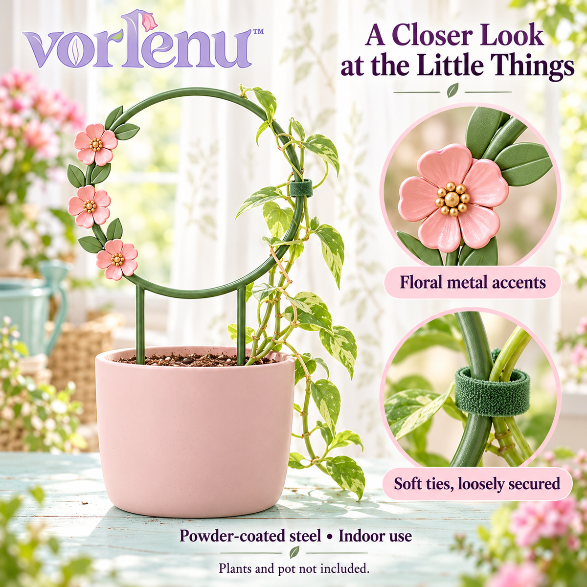 vorlenu™ Wildflower Halo Plant Trellis, 2-Pack Round Metal Vine Supports with Floral Accents for Indoor Potted Plants