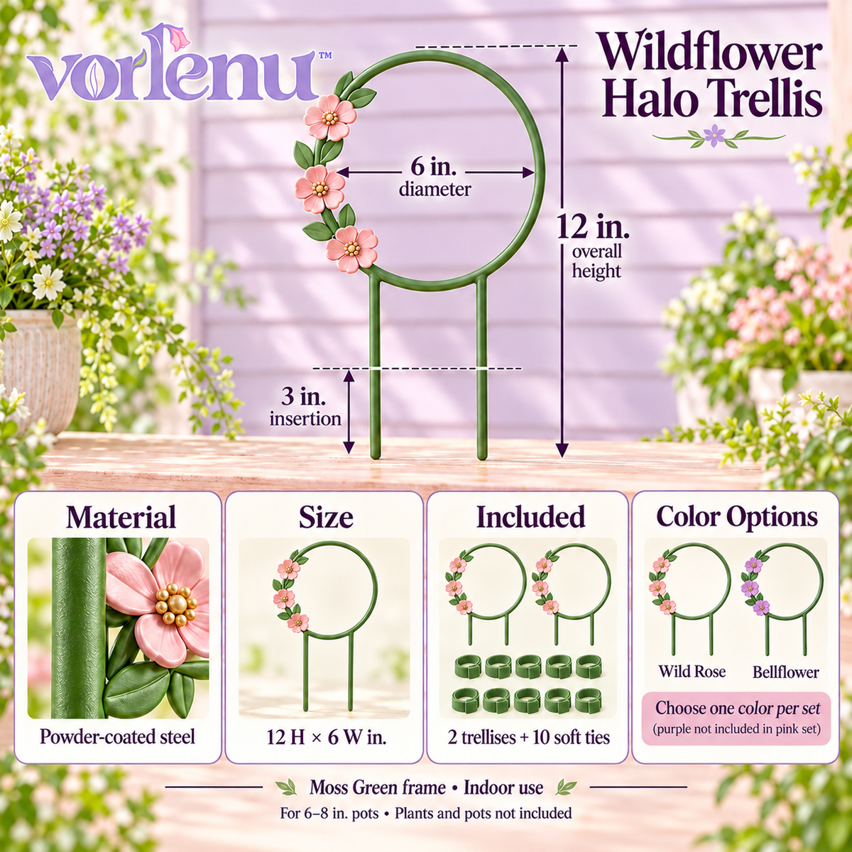 vorlenu™ Wildflower Halo Plant Trellis, 2-Pack Round Metal Vine Supports with Floral Accents for Indoor Potted Plants