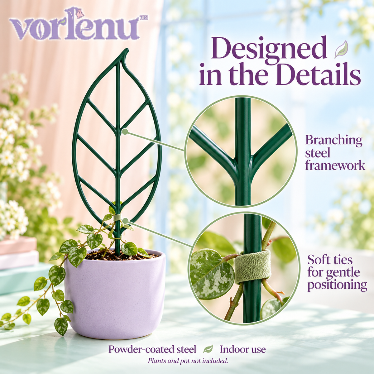 vorlenu™ Woodland Leaf Plant Trellis Set, Small & Medium Metal Houseplant Supports for Hoya, Ivy & Pothos