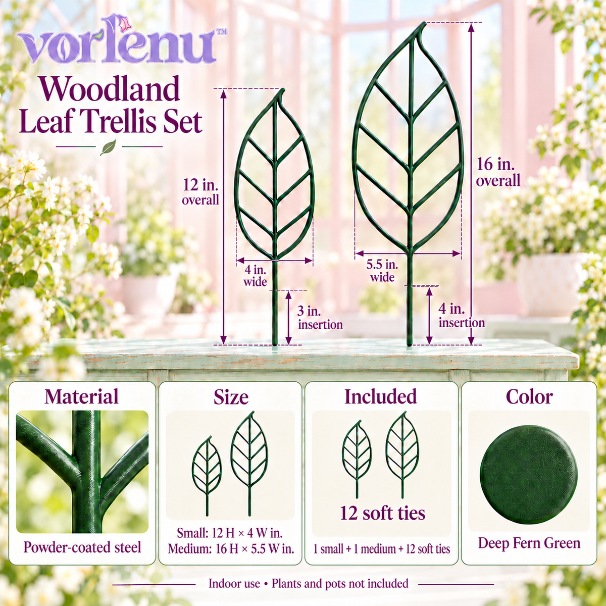 vorlenu™ Woodland Leaf Plant Trellis Set, Small & Medium Metal Houseplant Supports for Hoya, Ivy & Pothos
