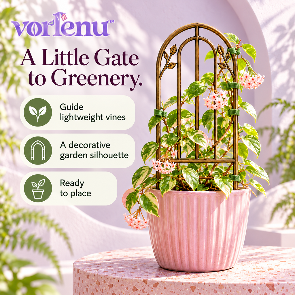 vorlenu™ Secret Garden Gate Plant Trellis, Decorative Arch Metal Vine Support with Botanical Details for Indoor Planters