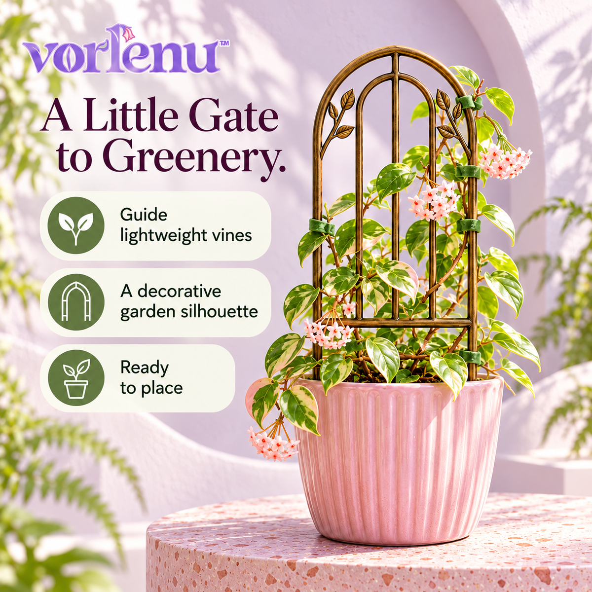 vorlenu™ Secret Garden Gate Plant Trellis, Decorative Arch Metal Vine Support with Botanical Details for Indoor Planters