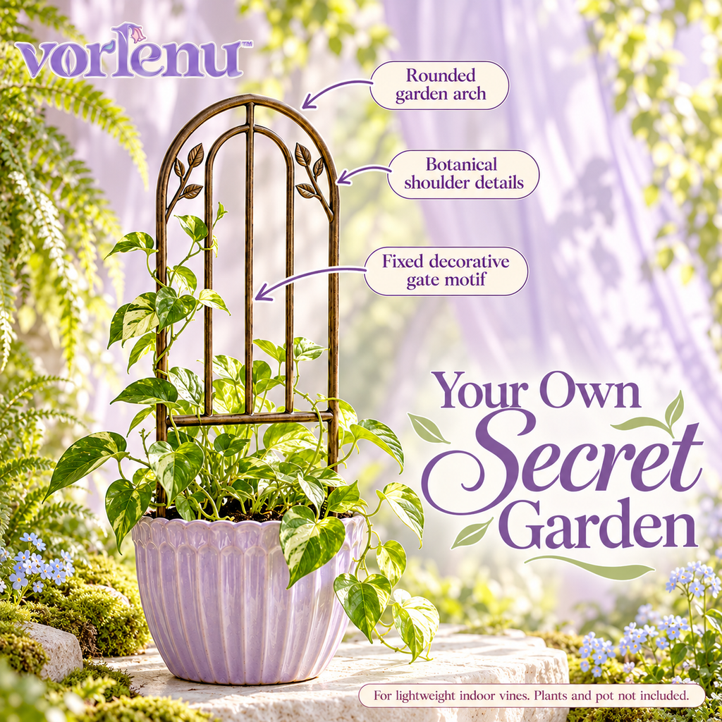 vorlenu™ Secret Garden Gate Plant Trellis, Decorative Arch Metal Vine Support with Botanical Details for Indoor Planters