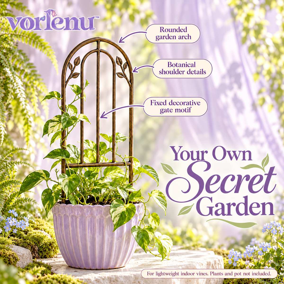vorlenu™ Secret Garden Gate Plant Trellis, Decorative Arch Metal Vine Support with Botanical Details for Indoor Planters