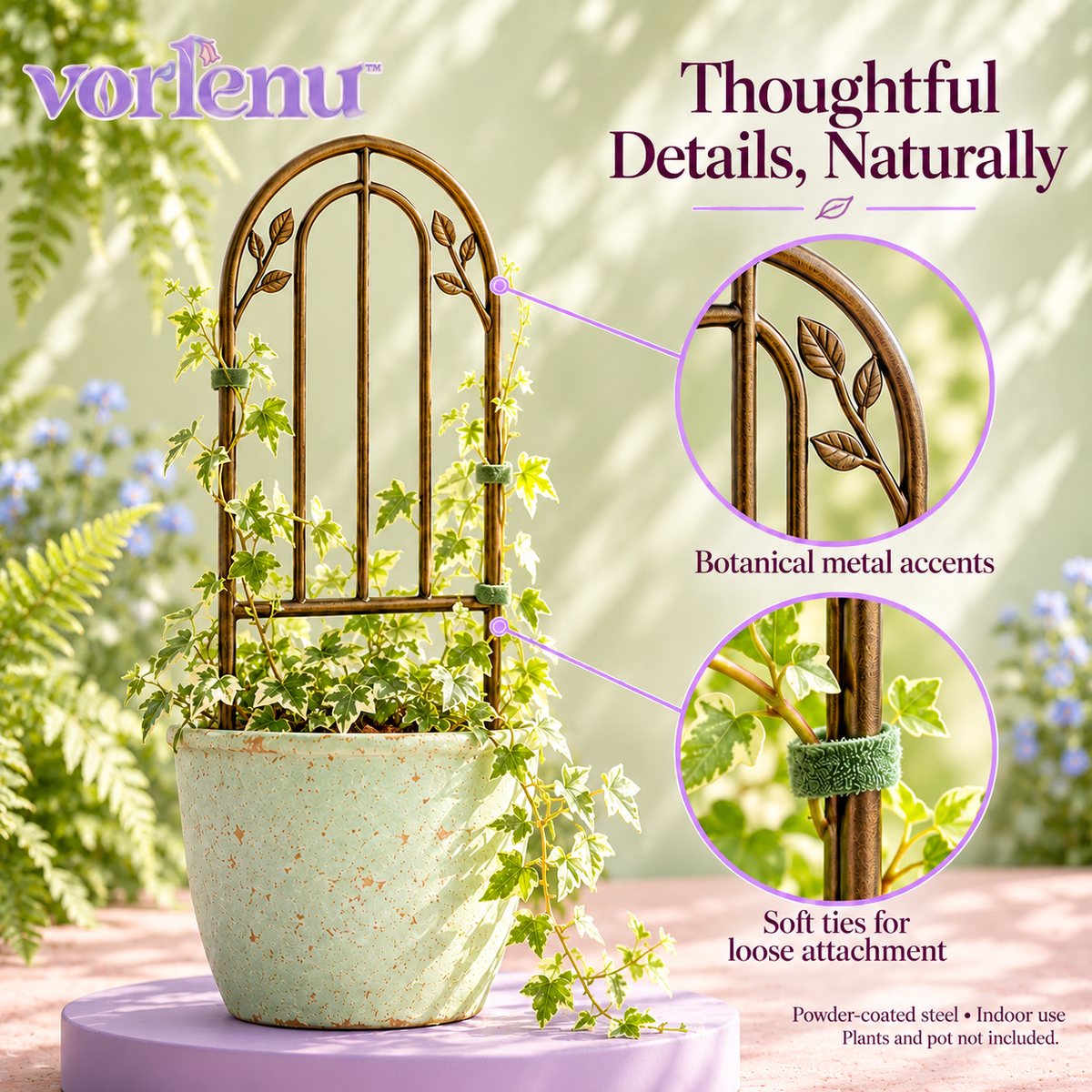 vorlenu™ Secret Garden Gate Plant Trellis, Decorative Arch Metal Vine Support with Botanical Details for Indoor Planters