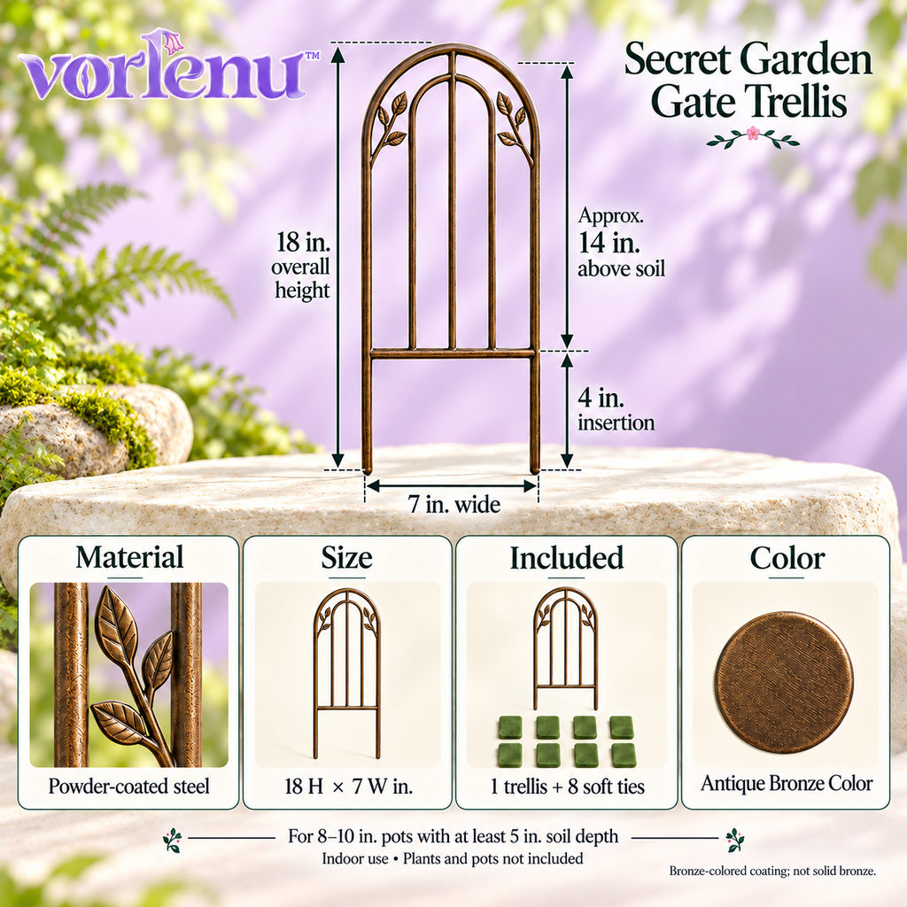 vorlenu™ Secret Garden Gate Plant Trellis, Decorative Arch Metal Vine Support with Botanical Details for Indoor Planters