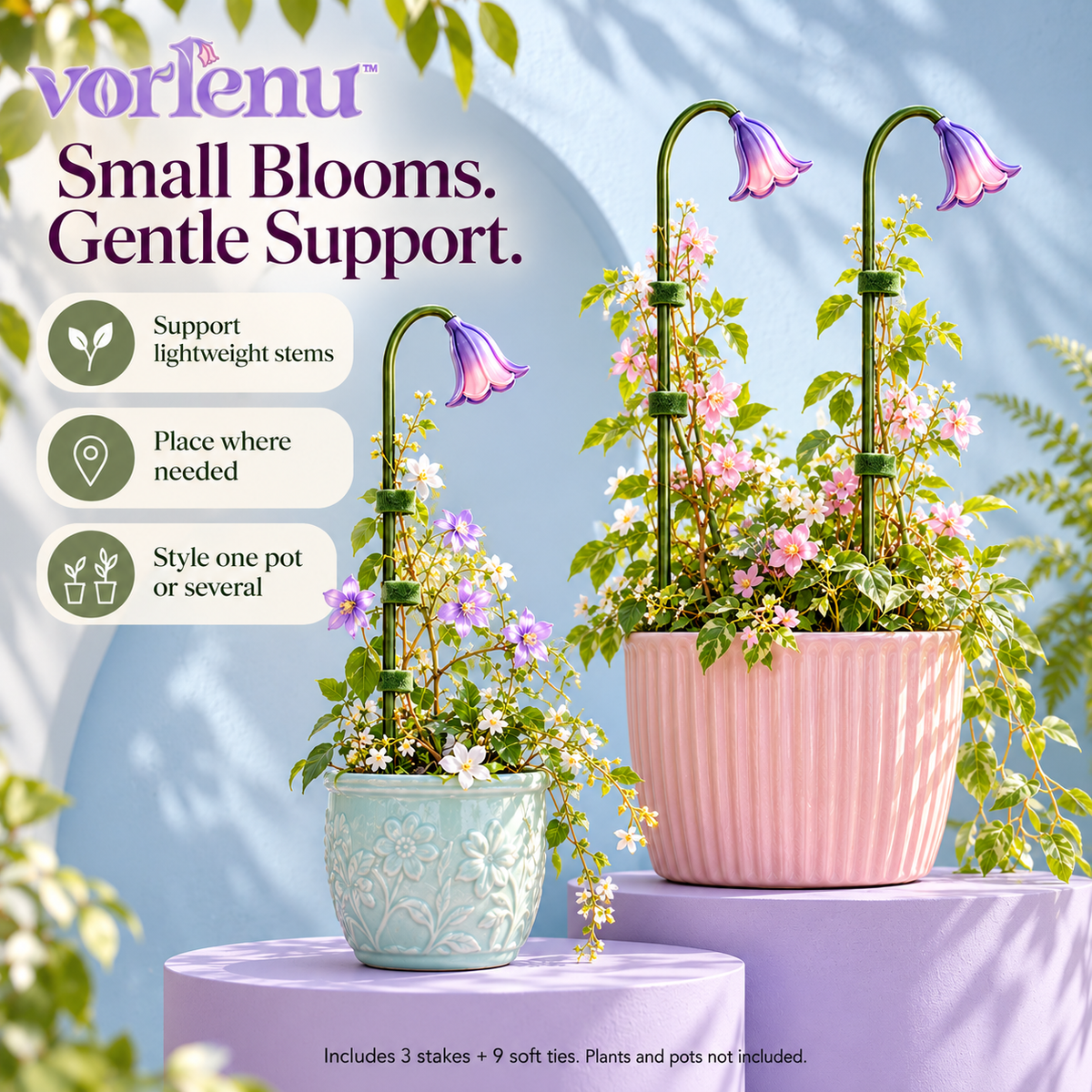 vorlenu™ Bellflower Plant Support Stakes, 3-Pack Decorative Metal Stem Supports with Soft Ties for Small Indoor Plants