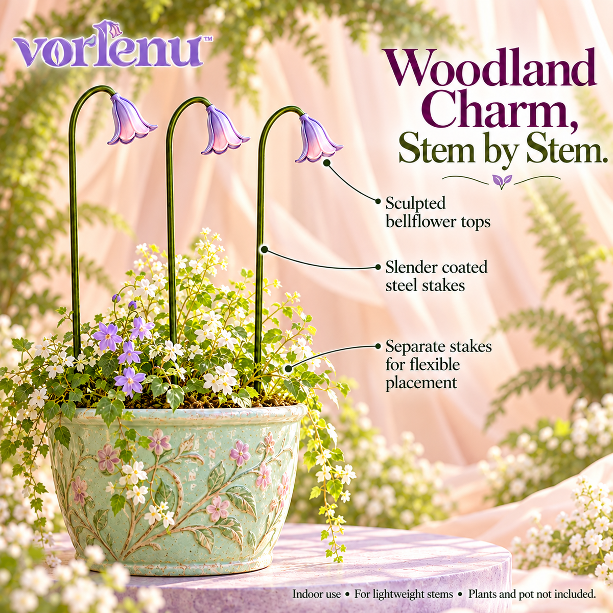 vorlenu™ Bellflower Plant Support Stakes, 3-Pack Decorative Metal Stem Supports with Soft Ties for Small Indoor Plants
