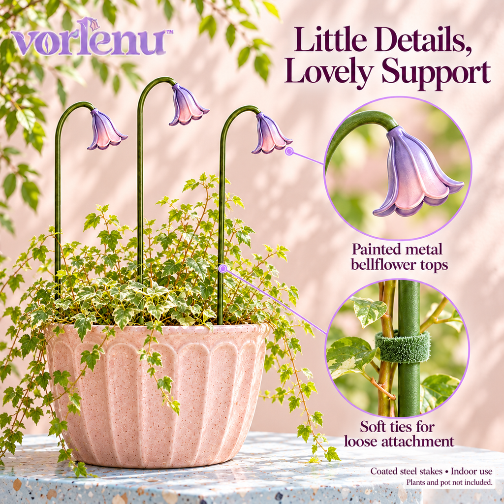 vorlenu™ Bellflower Plant Support Stakes, 3-Pack Decorative Metal Stem Supports with Soft Ties for Small Indoor Plants