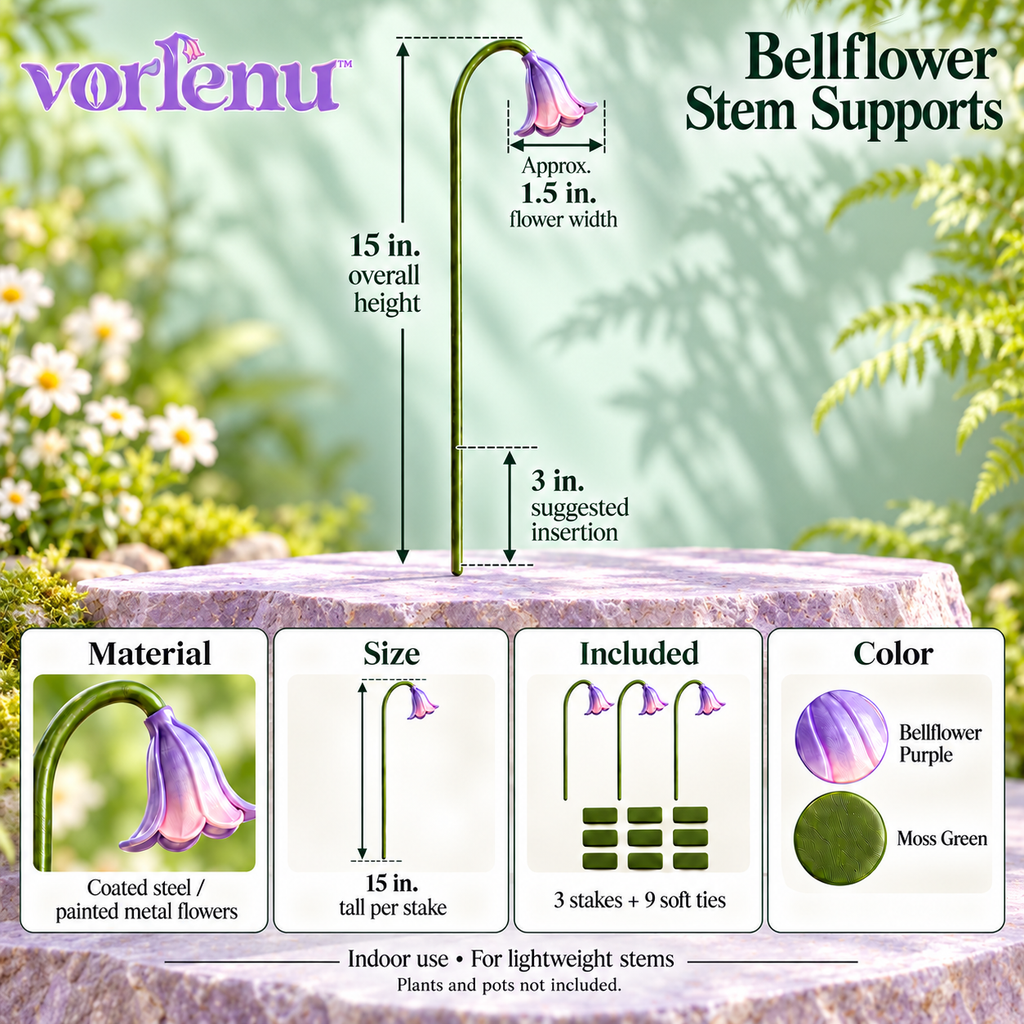 vorlenu™ Bellflower Plant Support Stakes, 3-Pack Decorative Metal Stem Supports with Soft Ties for Small Indoor Plants