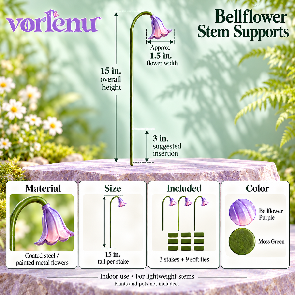 vorlenu™ Bellflower Plant Support Stakes, 3-Pack Decorative Metal Stem Supports with Soft Ties for Small Indoor Plants