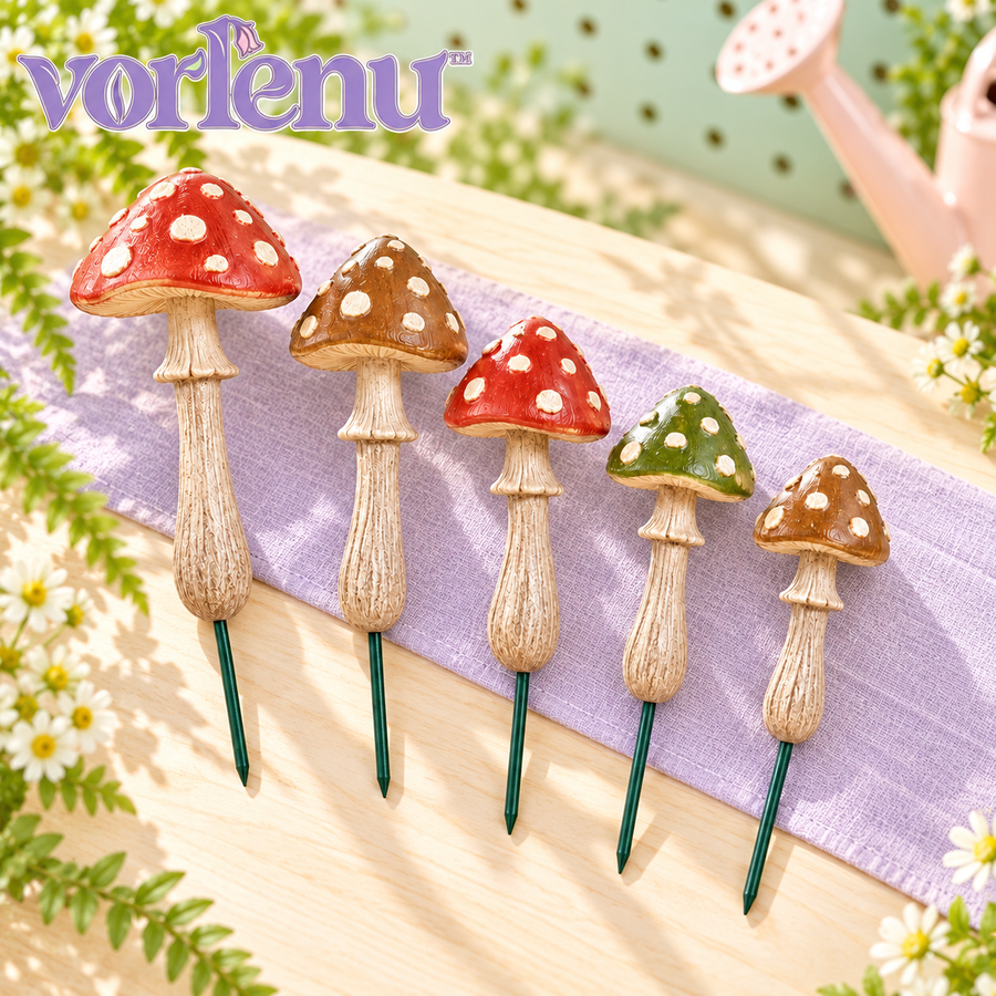 vorlenu™ Woodland Mushroom Plant Stakes, 5-Piece Resin Toadstool Pick Set for Indoor Flower Pots & Fairy Garden Displays
