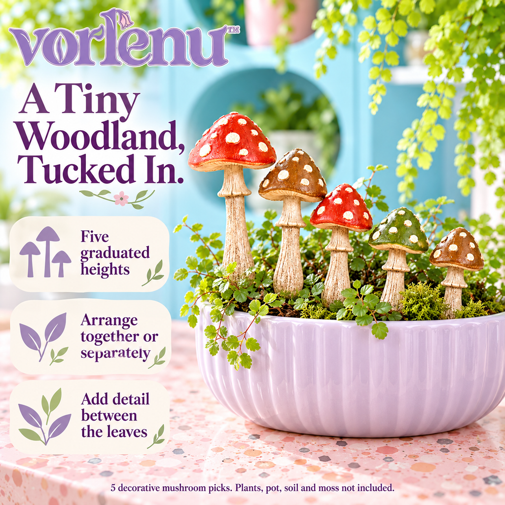 vorlenu™ Woodland Mushroom Plant Stakes, 5-Piece Resin Toadstool Pick Set for Indoor Flower Pots & Fairy Garden Displays