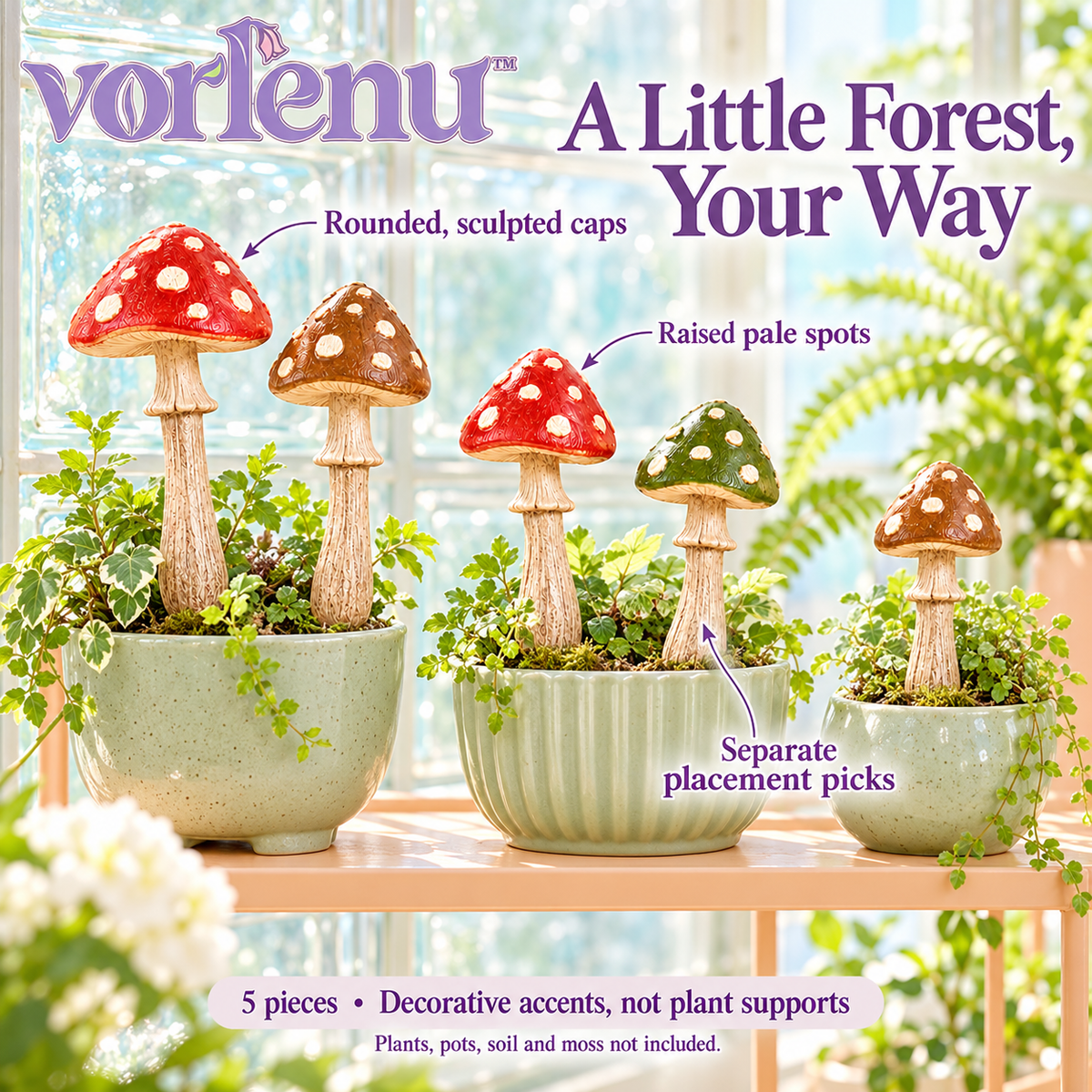 vorlenu™ Woodland Mushroom Plant Stakes, 5-Piece Resin Toadstool Pick Set for Indoor Flower Pots & Fairy Garden Displays