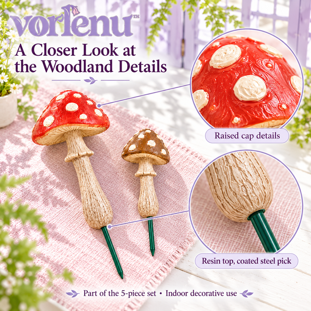 vorlenu™ Woodland Mushroom Plant Stakes, 5-Piece Resin Toadstool Pick Set for Indoor Flower Pots & Fairy Garden Displays