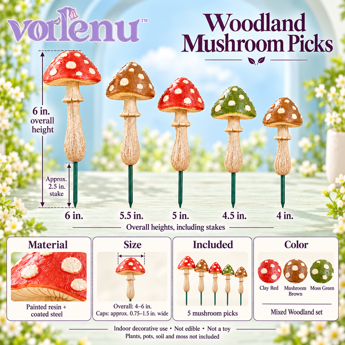 vorlenu™ Woodland Mushroom Plant Stakes, 5-Piece Resin Toadstool Pick Set for Indoor Flower Pots & Fairy Garden Displays
