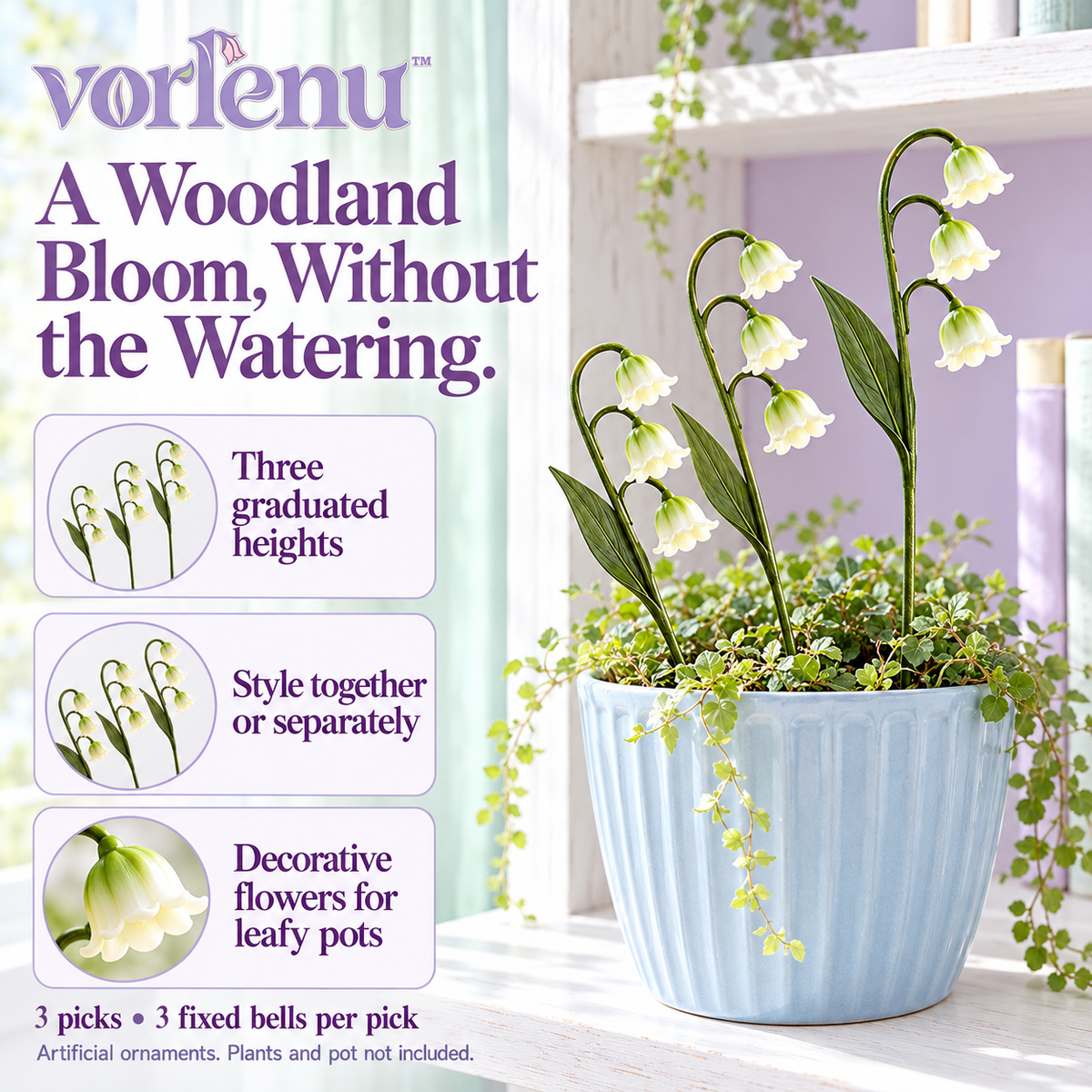 vorlenu™ Lily-of-the-Valley Decorative Plant Stakes, 3-Pack Botanical Flower Picks for Indoor Planters & Miniature Gardens