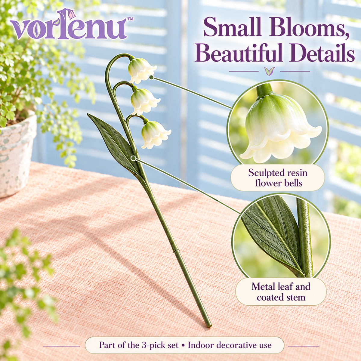 vorlenu™ Lily-of-the-Valley Decorative Plant Stakes, 3-Pack Botanical Flower Picks for Indoor Planters & Miniature Gardens