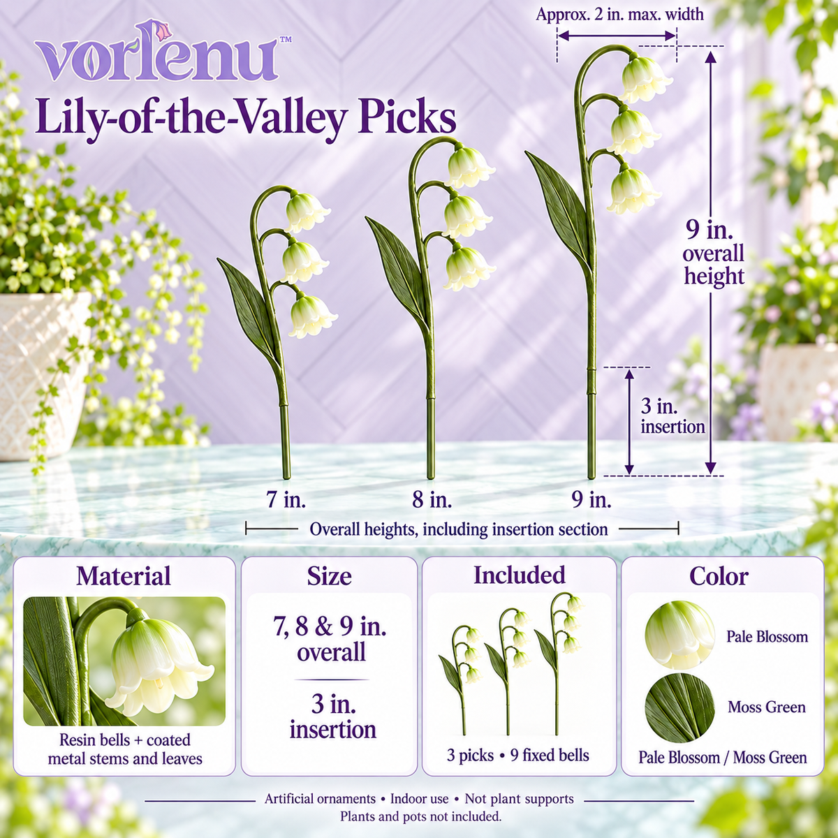 vorlenu™ Lily-of-the-Valley Decorative Plant Stakes, 3-Pack Botanical Flower Picks for Indoor Planters & Miniature Gardens